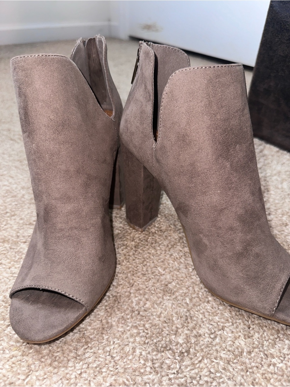BAMBOO Taupe Peep-Toe Block Heel Booties